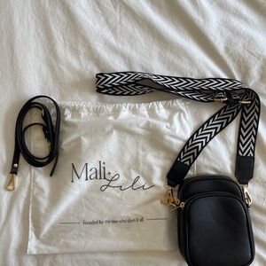 Ella Black Crossbody Bag with Chevron Strap Vegan Leather Comes with 2 straps.